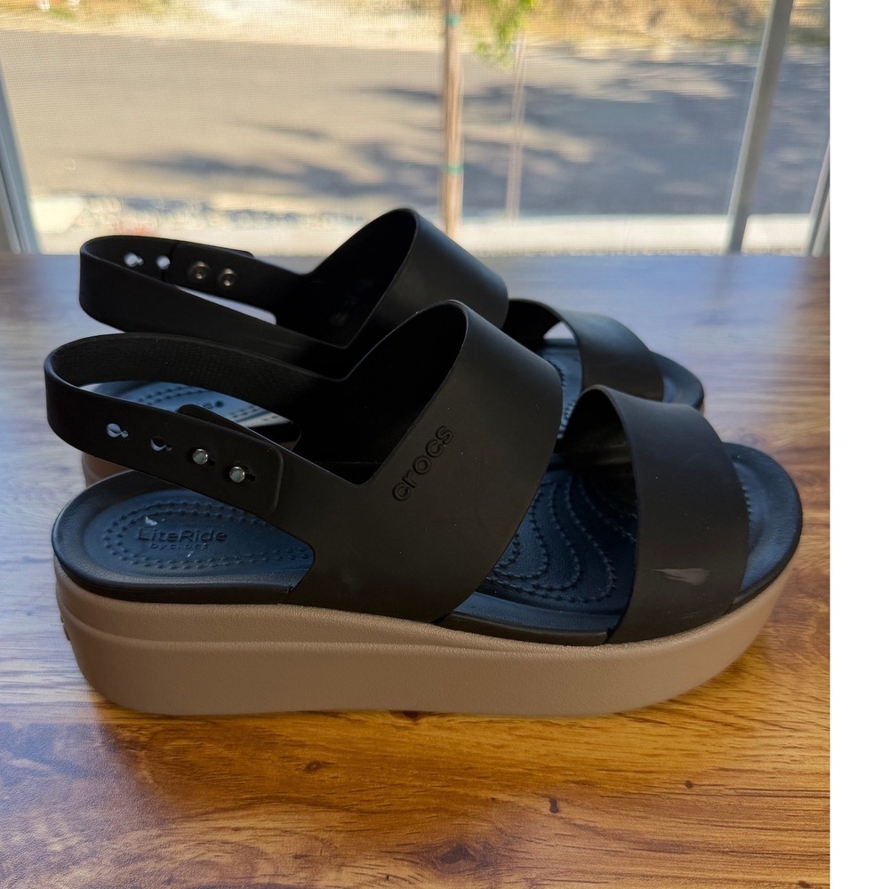 Crocs LiteRide Stretch Sandal Black Tan Platform Slingback Women Size 7